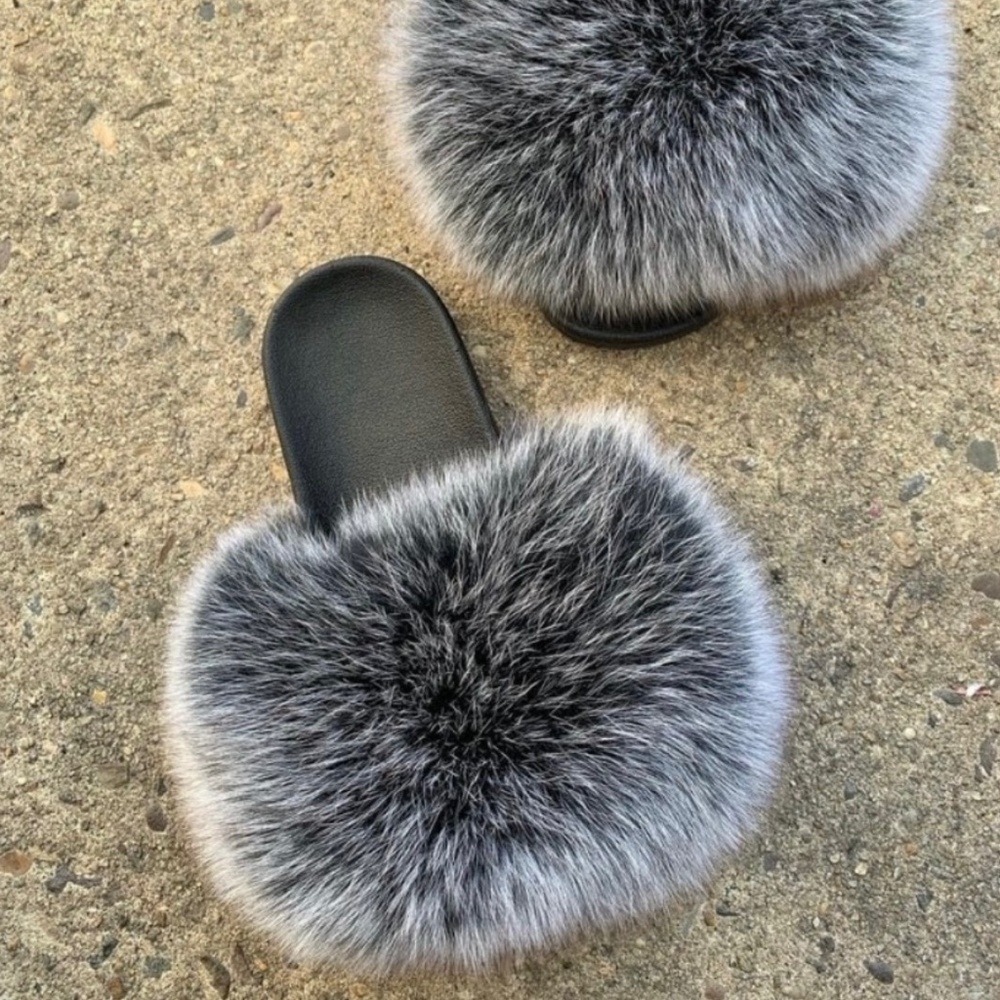 Grey Real Fur Slides 6.5-10 - image 1